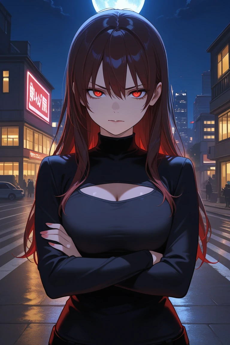anime style,young adult woman, with the right eye red and the left eye yellow, narrow eyes, long hair and straight dark brown bangs, black elegant clothes.
has an elegant pose.
Whole body.