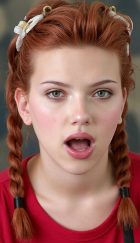 Very beautiful Caucasian, red long very curly hair, head bow, blowjob, cum in mouth, cum hair