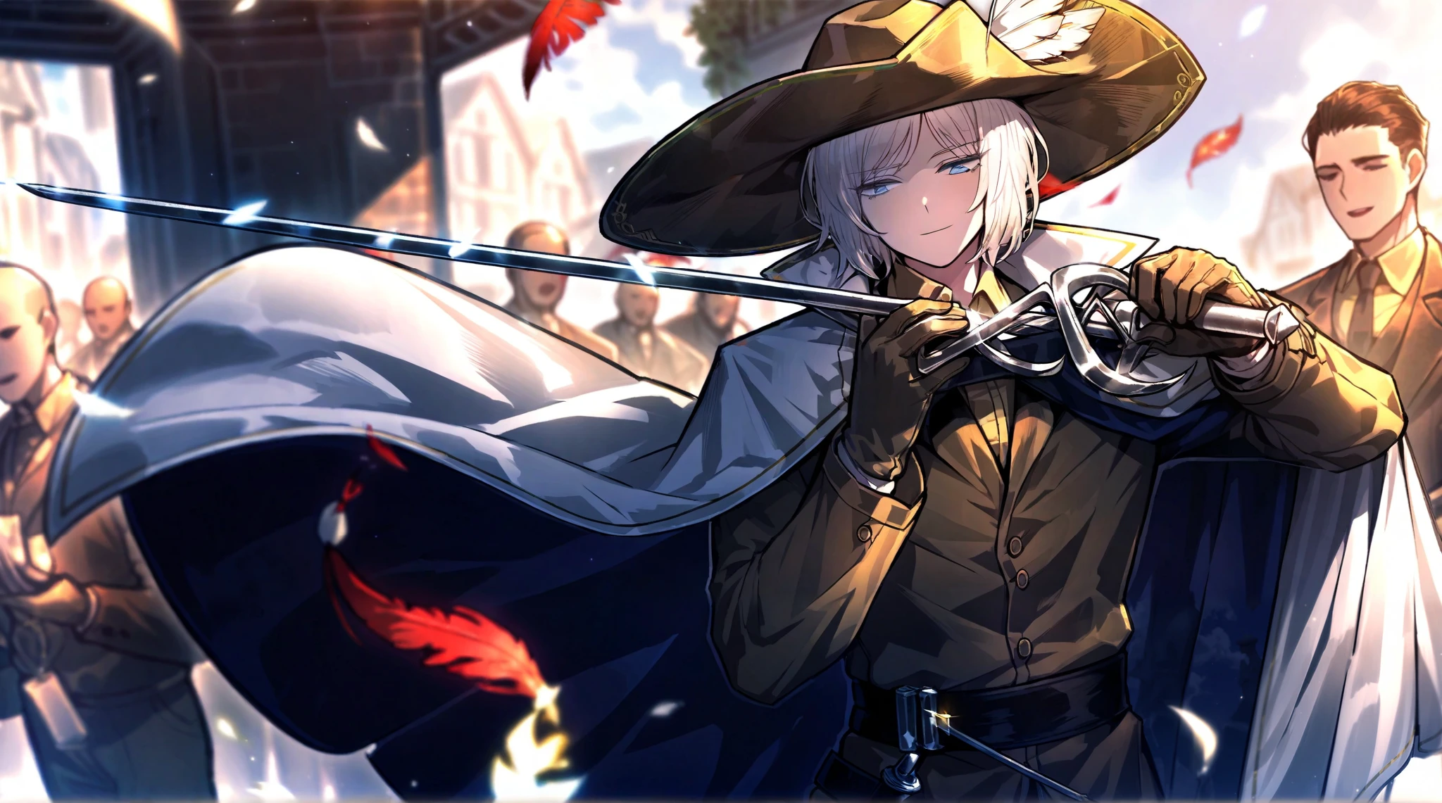 1male, white hair , gloves , (project moon\) , white and gold gloves , blue eyes , , white cape , shirt , hat , white and gold shirt , holding a rapier in one hand , plume , short hair , expressionless , collared shirt , solo focus , long sleeves , cape , outdoors , closed mouth , sky , white and gold headwear , coat , multiple others , holding weapon , open mouth , smirking, holding rapier with a helix hilt,