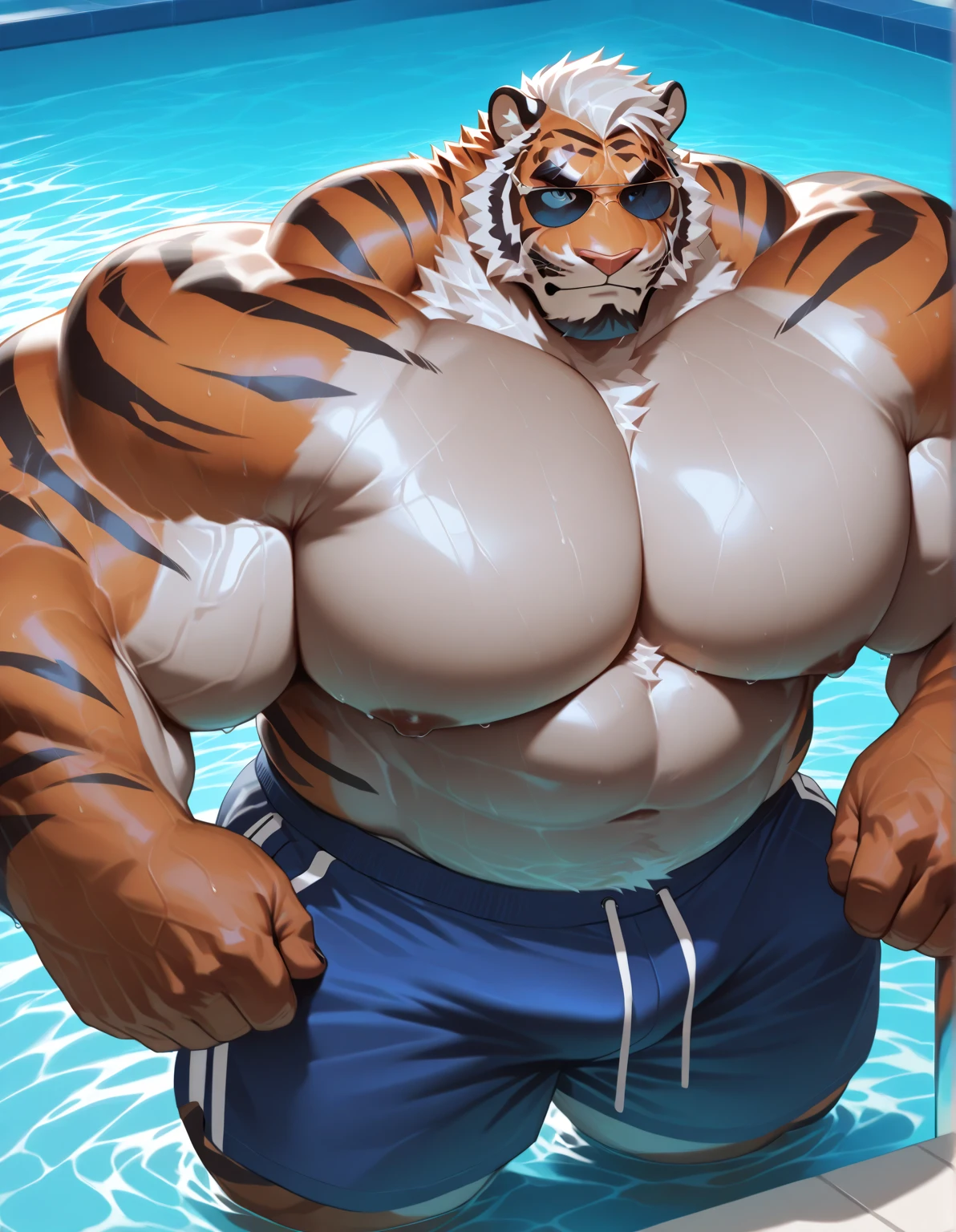 masterpiece,best quality,Ocean滩,Ocean,Sunlight,Male focus,Tiger-type orcs,(sports:1.5), (White fur,Black eyebrows:1.5), Onyx eyes,Black pupil,Black Nose,Five fingers,Strong body,Pectoralis major,Eight-pack abs,Unbutton your clothes to reveal your chest muscles,belt,Transparent swimsuit