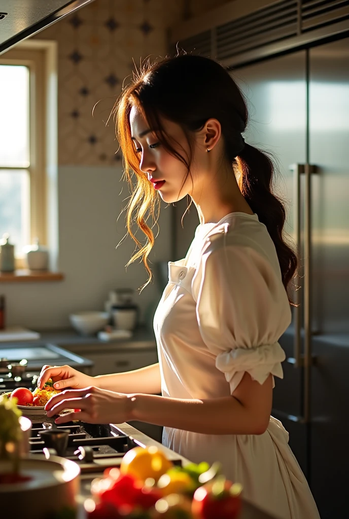 ((realistic lighting, highest quality, 8k, masterpiece: 1.3))、Photo of a Japanese woman cooking in the kitchen,Beautiful woman