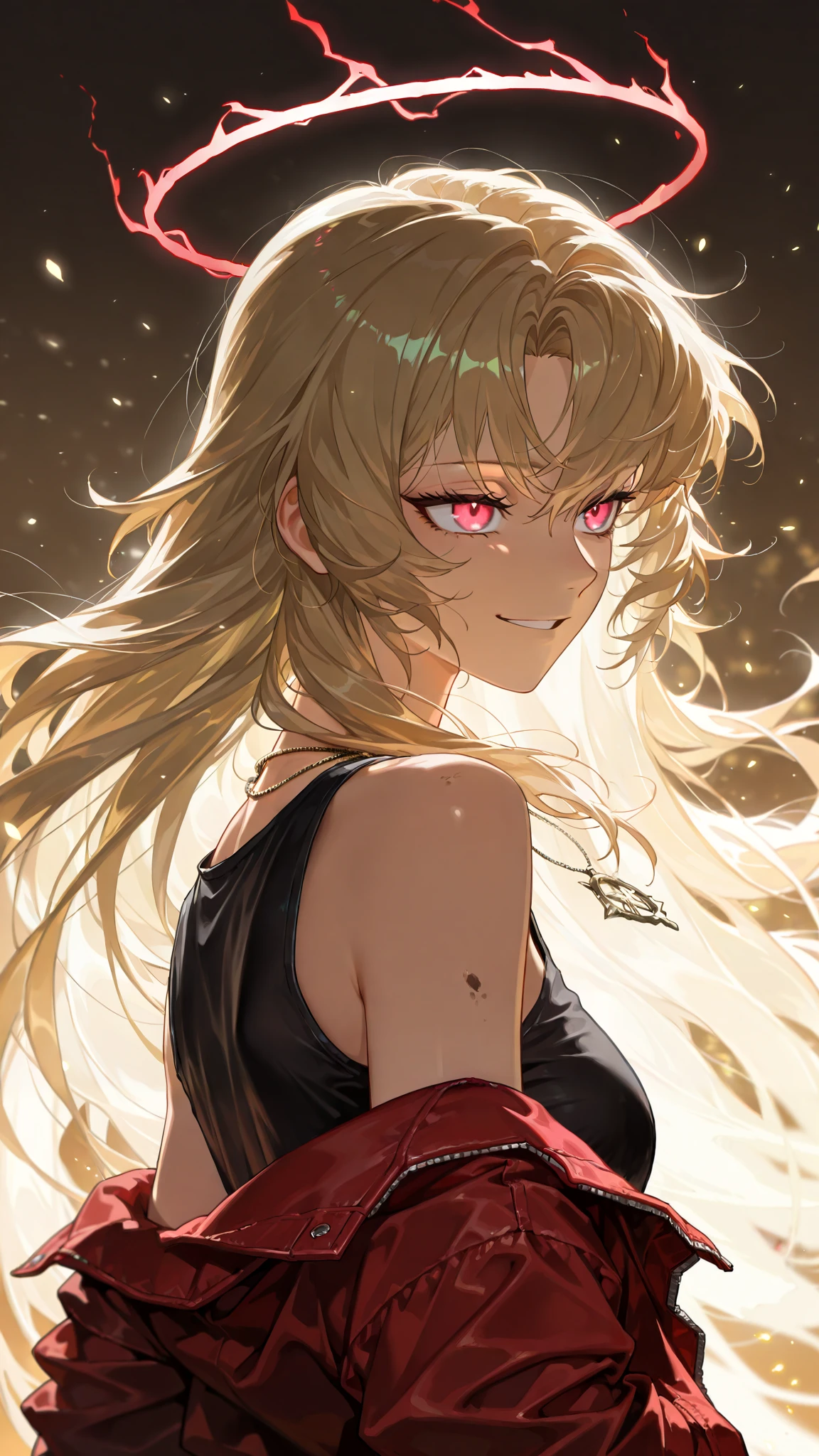 by [arknights|(748cmstyle:0.5)], god rays, cinematic shot, mature, young adult, masterpiece, best quality, amazing quality, very aesthetic, high resolution, ultra-detailed, absurdres,
1girl, woman, solo, alone,(dynamic pose, side eye, looking over her shoulder, eye contact, rear shot, upper body focus, action shot, three quarter view, close up, portrait:1.2), exposed shoulders, very long hair, dramatic pose, wild hair, drama, pink eyes, red eyes, dirty blonde hair flowy hair, demonic necklace, black shirt, red denim jacket, ripped jacket, ripped jeans, demonic halo, smirk, tsurime, yandere, cocky expression, Magical atmosphere , spinning energy , waves of light , Face Highlights , glowing particles paper light, Darmagmbm, goddess of corruption, red lightning, phonk cover, novuschroma79 style, glitch art photo
BREAK, depth of field, volumetric lighting
 