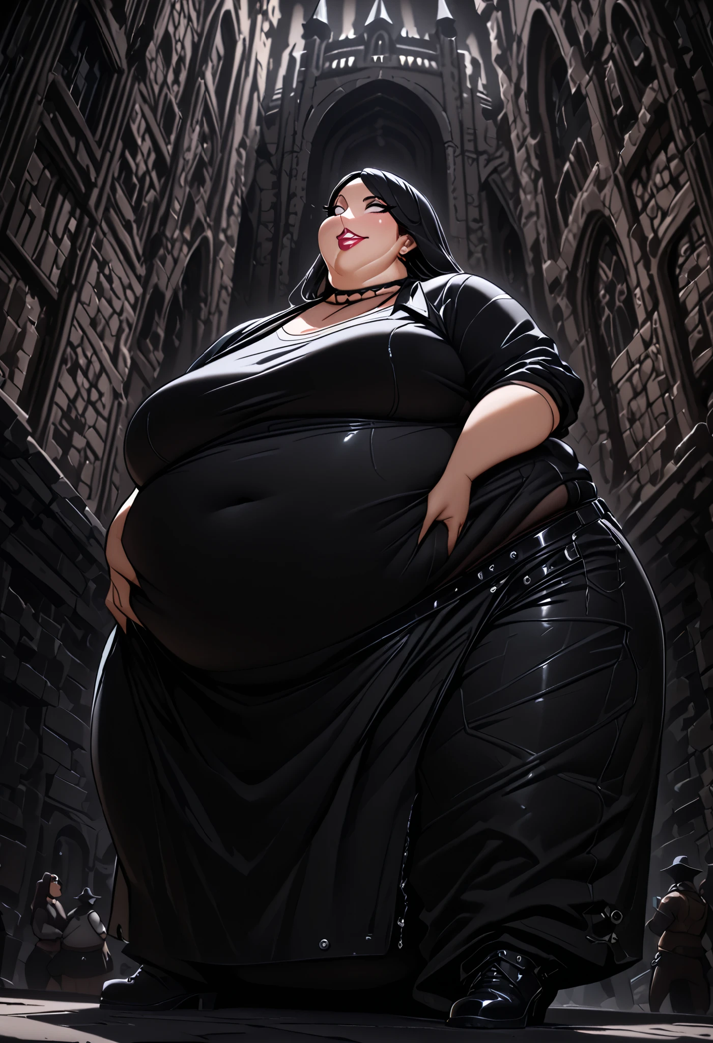 (best quality, highres, ultra-detailed), , (sickly ugly vampire girl) (bignoselady) leaning over, extremely sexy, seductive, luscious lips, aquiline nose, (dark castle background, (deep black shadows), from below,, breast hold, ((full clothed)) ((skinny woman)) (bignoselady)score_9, score_8_up, score_7_up, score_6_up, score_5_up, score_4_up, rating_explicit, source_western, Jabstyle ((fat neck))