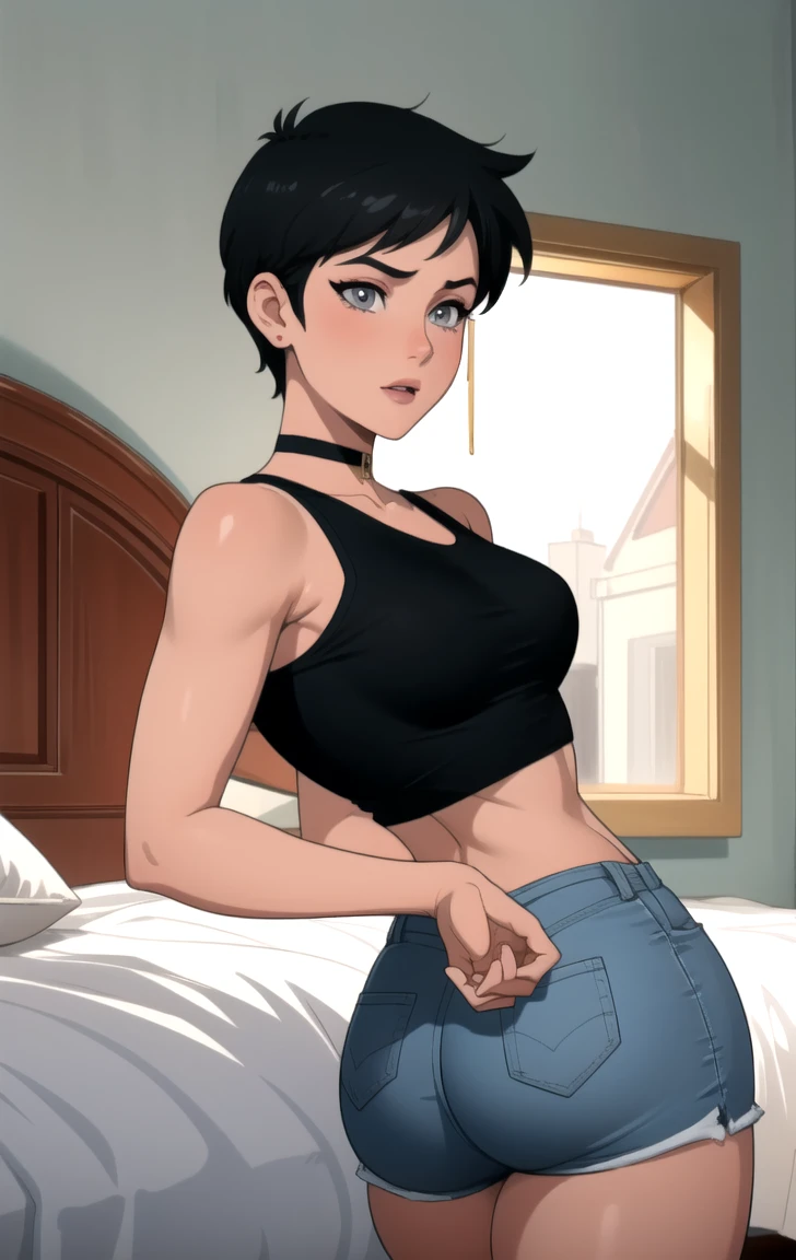 Masterpiece, high quality, high resolution, interior, manic detail, high definition, high quality, detailed face, detailed body members, detailed five fingers, 1girl, solo, sleeveless clothing, bed, sleeveless shirt, fishnet clothing, dark lips, zipper jacket, no bra, tweezers, exposed breasts, flush, white light socks, transparent clothes, exposed pubic hair, camel fingers, --auto