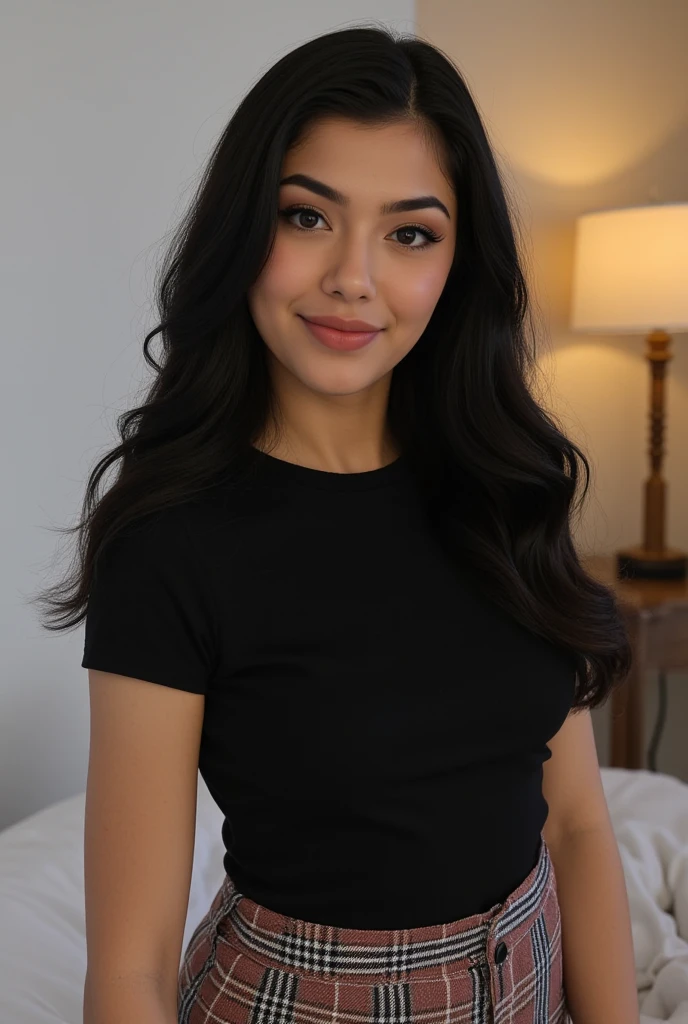 (( Girl age )) ( 18 years old )), smiling mischievously, cabelo preto penteado na aLtura dos bustos, cute nose and cute face, humanized, curvy and fashionable figure, highlighting its unique beauty. Plaid pants and black t-shirt are mandatory. She smiles with joy and a spark of sensuality, with such a realistic representation that it seems like a photograph. ≪lora:liyassilver_xl-000029_v7:0.75>. Dreamy and charming