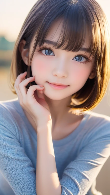 detailed face, cute face,(8K, Highest quality, masterpiece: 1.2), Super detailed, Highest quality, Ultra-high resolution, Professional Lighting, Photon Mapping, Radio City, Physically Based Rendering, Cinema Lighting, Depth of written boundary, focus on, Light of the sun, Good composition, (Bokeh: 1.2), 1 Girl, (whole body), smile, Beautiful Eyes, Pause, narrow, Brown Hair, short hair, Prairie Blouse Light Blue, skirt,garden,hand {refer tos} cute {refer to} hand,