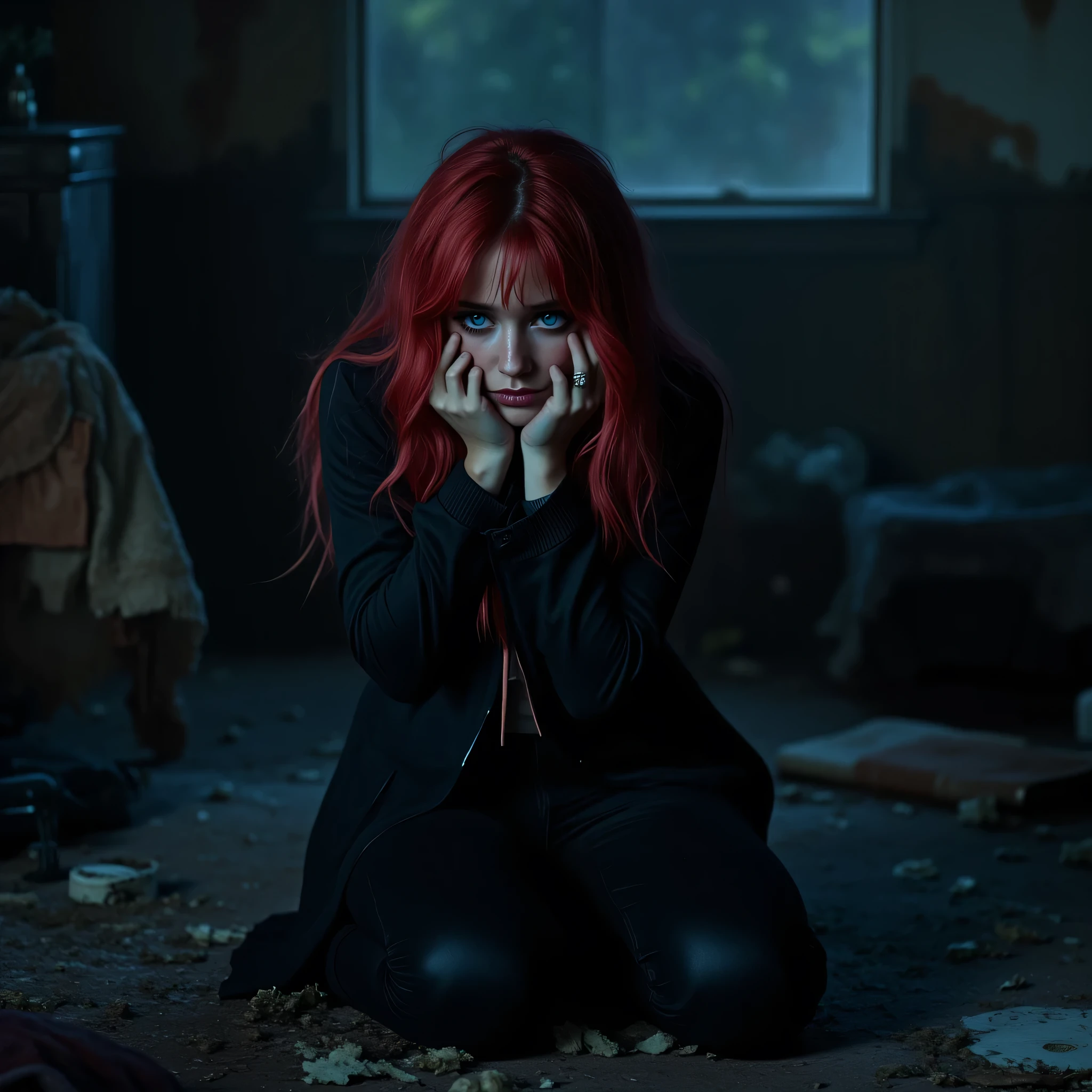 a red-haired, blue-eyed, black-jacketed sad crying woman kneeling in the middle of a house with her belongings scattered around at night dark ambiance and cinematic effect