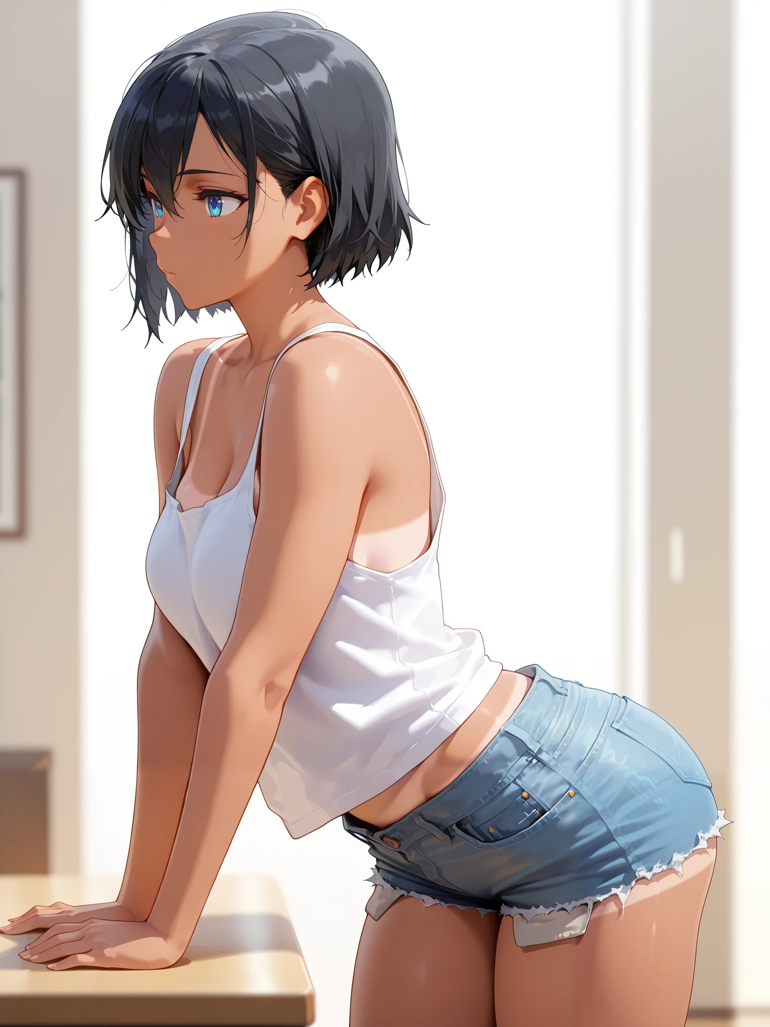 (masterpiece), Best quality, very aesthetic, intricate, masterpiece, vibrant, highres, ultra-detailed, Perfect detail, ray tracing, short hair, blue eyes, black hair, dark-skinned female, tanline, bedroom background, tank top, ripped jean short shorts