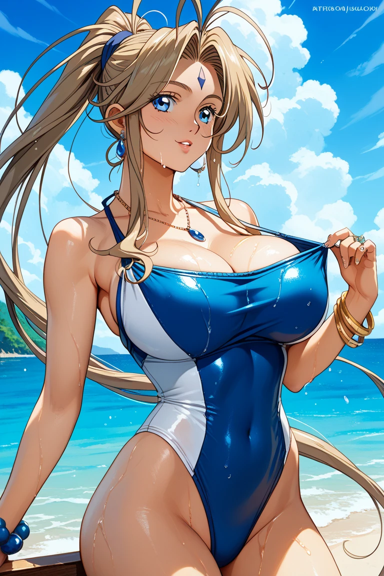 1girl, <lora:Mizuna_NaomiV2:0.7>, side view, blue eyes, blonde hair, long hair, (hair tie:1.1), looks at the viewer, (masterpiece, best quality), sly smile, assertive, mischievous, skinny, tan, dark skin, large breasts, Old Type School Swimsuit, choker, depth of field, ultra detailed, intricate details, official art, 32k, extremely detailed cg unity 8k wallpaper, high quality, highres, photoshop, outdoors, beach, blurred background