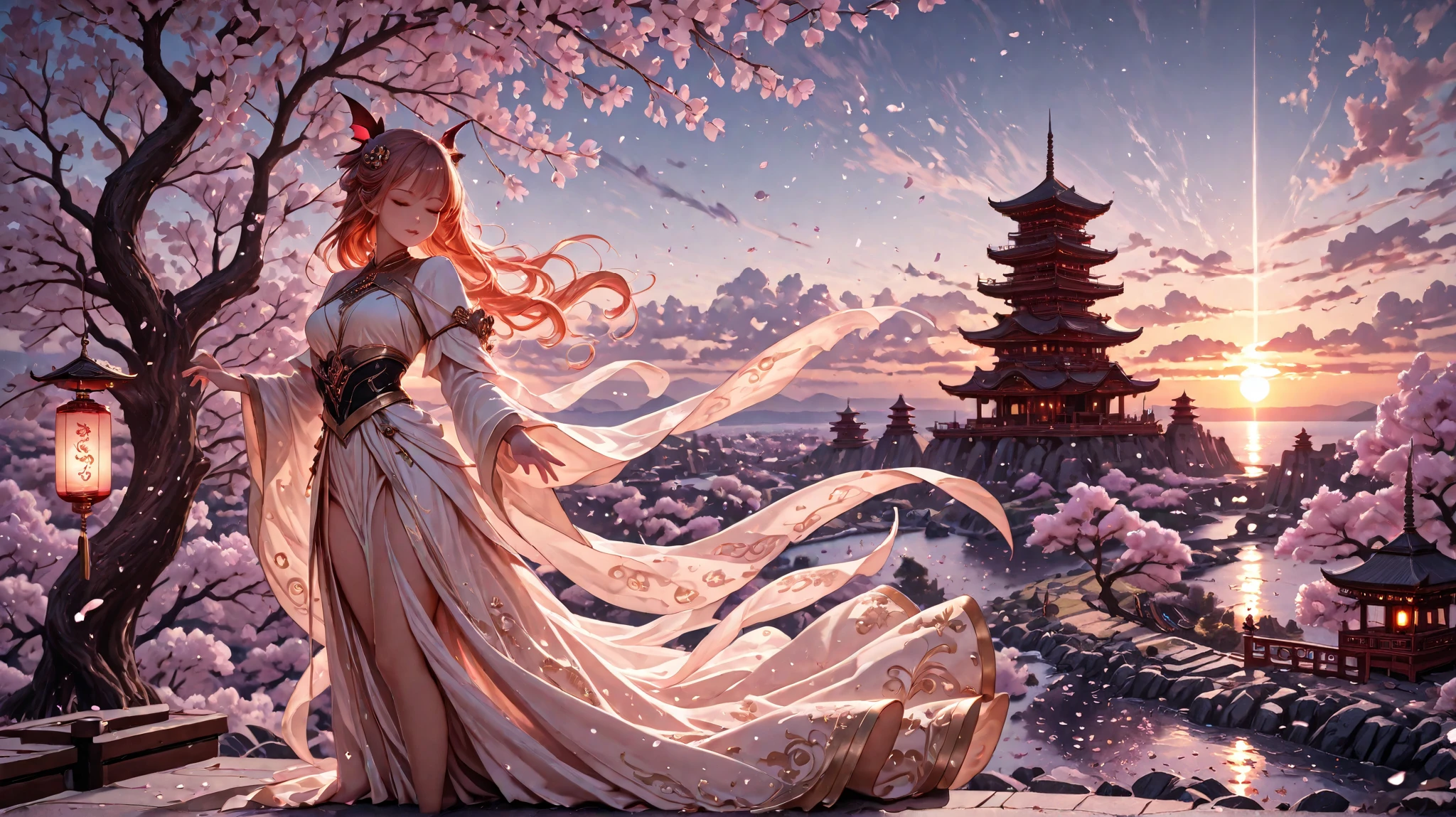 masterpiece, best quality,very aesthetic, (Succubus:1.2) AND (fox:1.2), flying, sky, long hair, floating, hair ornament, windy, (cherry blossoms:1.2), petals, swirling, ancient, temples, pagoda, river, mountains, glowing, sunset, warm tones, fantasy, mystical, divine, serene, elegant, graceful, flowing fabric, soft lighting, ethereal, dreamlike, majestic, lanterns, horizon, vast, panoramic, cinematic, ultra-detailed, masterpiece, best quality, 4K, 8K, Ultra HD.,scenery,background detail