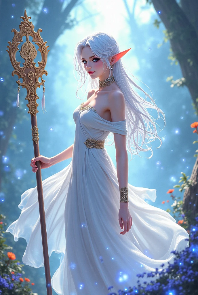 purple-eyed demon girl with a spear white hair white clothes full body