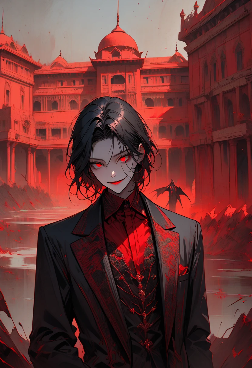 red-eyes,dark haired,Tall and handsome,Men,There is a little blood on the face,Armageddon,ruins,jiji