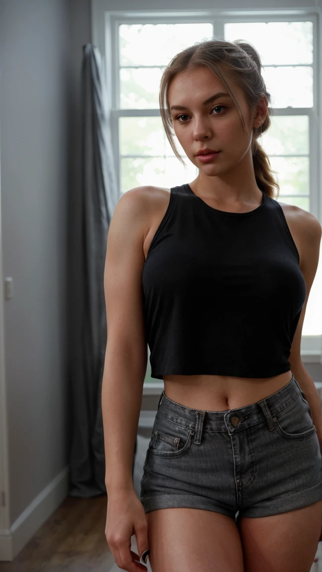 (best quality,4k,8k,highres,masterpiece:1.2),ultra-detailed, young spanish slim woman, black shirt and grey tight short yoga pants, perfect hands, sensual, beautiful detailed eyes,beautiful detailed lips,extremely detailed eyes and face,perfect tanned skin,dark blonde short hair,stylish haircut,