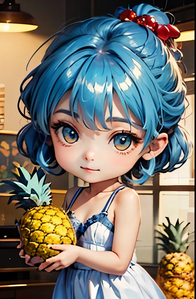 (Chibi Characters:1.3)、(新鮮な pineapple 、 pineapple の模様、美しい pineapple :1.5)、Best angle、Maximum Impact、Maxism、Brilliant Contrast、high resolution、Super Details、absurd、accurate focus、(Chibi Body、Light Blue Hair Color、Short chignon hair、Xiaoyang、 sharp face、almond-shaped eyes、highly detailed eyes、golden eyes、:3、stupid hair:1.4)、Carefully drawn fingers先、Human hand、Carefully drawn fingers、Shiny Skin、thin、thin太もも、tilt your head、thin脚、(Glamorous Gothic Dress:1.5)、Amazing Scenes、Gallery worthy、very small breasts、forward leaning posture、 pineapple 、Indirect Illumination、bras、Funny Little Sister