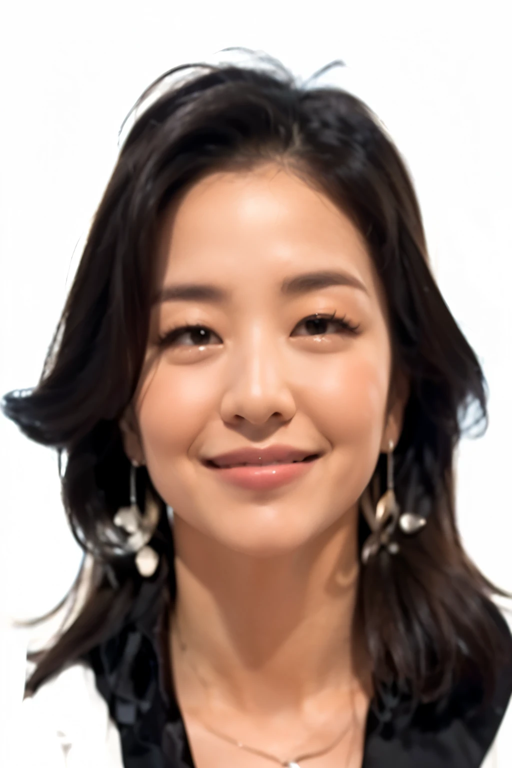 ((top quality, best image quality, high resolution,8k, masterpiece, portraits: 1.3),very detailed,Shiny Skin, (staring at the audience),table top、、close-up、 A 30-year-old cute and attractive Japanese woman, 1 person, A little thick:0.4,light brown medium hair、 ((white collared shirt that goes up to the shoulders)),Silver Necklace,silver earrings,black maxi skirt ,sitting with legs wide open to the left and right,Skirt bulges and wrinkles where you can see people hiding inside the skirt,((Big 1.6)) ,Good posture、Office with Strong Afternoon Sunlight、Orchid plant,bright room、((A happy smile))、gaze that captivates the viewer、(((from below))