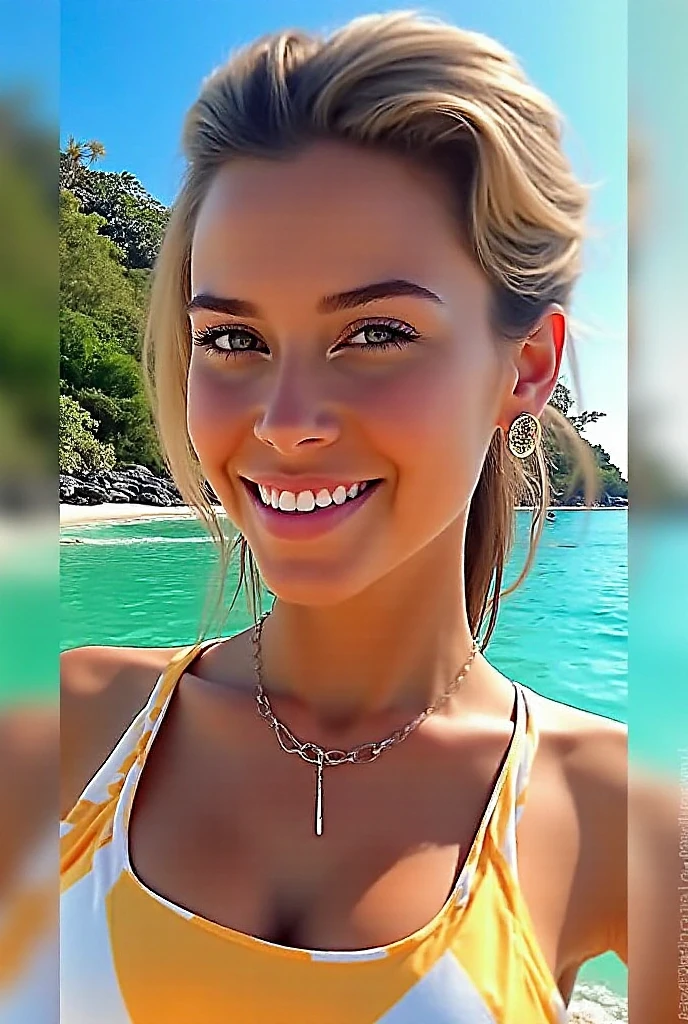 professional, (4K photo:1,1), (Focus:1,3), high detail, (Sofia Kenin:1.1), (attractive young woman:1.3), (seductive:1.1), beautiful detailed face, blue eyes, blonde hair, (blushing:1.1), Beautiful body, small and round :1.2, beautiful smile, at the beach, nude inless but handbra, beautiful armpit, Selfie for Instagram, just face close up, jewelry, seductive look on cam, full sunlight on your forehead, skin shiny with sweat