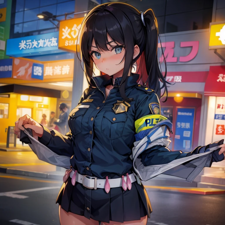 (masterpiece, highest quality:1.2),1 cowboy shot,girl,18 year old beauty、solo,ponytail hair,dark purple hair,slender body,skinny,medium breasts,oily skin,shiny skin,Police uniform、mini skirt、on street,Shibuya、Tokyo、
