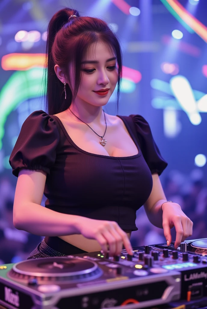 (ultra - detailed, 16K resolution, Cinema lenses, rendering by octane), (high resolution:1.18), intricate detail, (masterpiece:1.1), (highest quality:1.1), (1girl, portrait, white hair, blue eyes, short hair, detailed eyes),Wearing silver DJ headphones, 1 Indonesian girl, modern plain hot deep neck top and dupatta, shy, medium portrait, watery eyes, wearing blue kebaya, ((big breasts)), black bokeh background, well-proportioned body,, chubby massive thighs, full body pose, Hena art on the body, hena art on arms, full body view , wearing red sneakers , Smile while DJing on stage, full body shot of, The spotlight shines on the female DJ. Photorealistic photography by Disco Lighting, (cute round face:1.3),big breast, bigtit,perfect fingers, five fingers, beautiful hands, perfect hands. master peace, cute smile.