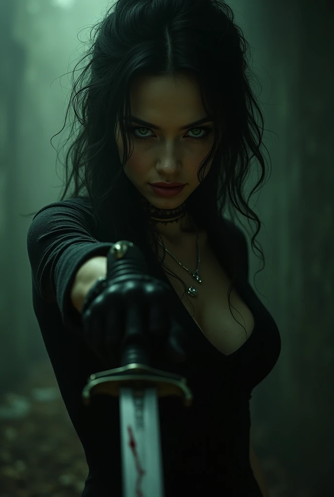 a close up of a woman in a black leather outfit holding a sword, cyberpunk art inspired by Magali Villeneuve, Artstation contest winner, fantasy art, artgerm julie bell beeple, seductive cyberpunk dark fantasy, epic exquisite character art, epic fantasy digital art style, extremely detailed artgerm, epic fantasy art style, alexandra fomina artstation
