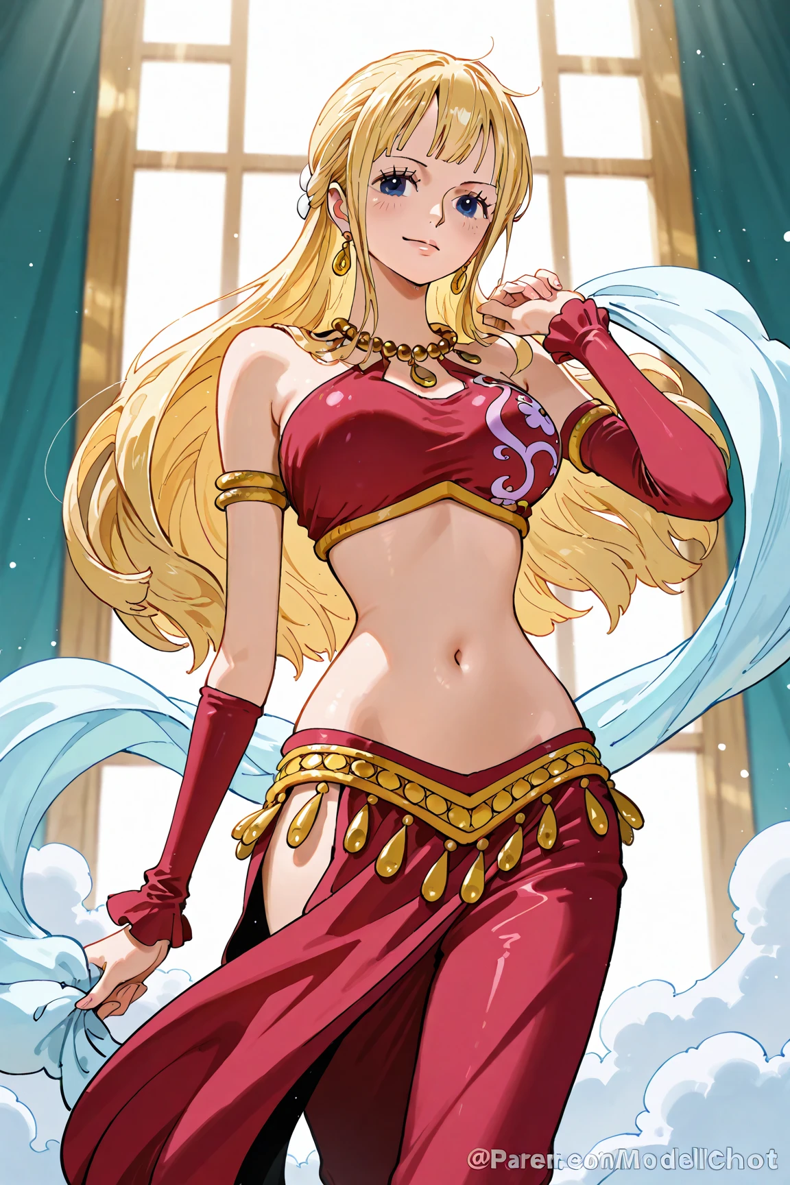blonde hair, long hair, green eyes, with slender legs and an enticing beach pose, wearing a elegant red gown that shows off her navel, resembling an Arabian belly dancer. She has a short trimmed skirt and her flowing blonde hair is styled in a side ponytail. Her captivating blue eyes exude happiness, while her outfit highlights her alluring cleavage, happy