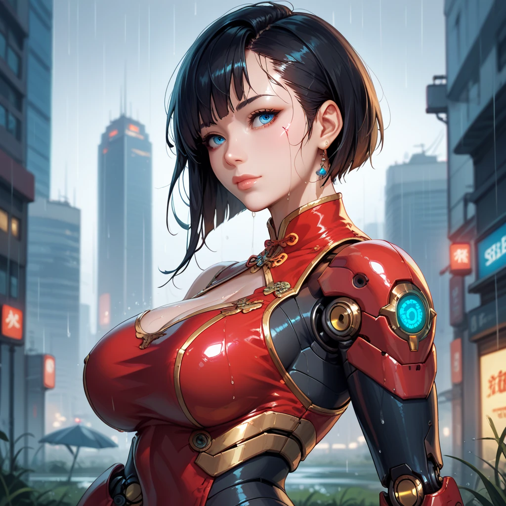 best quality,4k,8k, highres, masterpiece:1.2), extremely detailed eyes, extremely detailed body, (large masterpiece digital art), (detailed manga illustration), (detailed line art), ((perfect anatomy)), (intricate details:1.3), (ultra-detailed:1.3), (illustration:1.3), (sharp focus:1.3), (natural lighting:1.05), (vivid colors:1.3), (masterpiece), (best quality:1.4), (perfect anatomy:1.4), high quality, expressive eyes, full body, tall girl, detailed face, beautiful face, perfect face, breasts, gloves, large breasts, cyberpunk, (black armor), mystic red armor, short hair, ((pale skin)), messy hair, detailed ((dark blue hair)), (honeydew hair), multicolored hair, two-toned hair, detailed eyes, (amber eyes), hourglass physique, mecha musume, fortified suit, mechanical parts, headgear, robot joints, bodysuit, deva battle suit, gloves, thick thighs, toned, emblem, superhero, dynamic lighting, 4k resolution, dynamic pose, weapon, energy weapon portrait, Jeff Bridges, ((cartoon style)), Marvel Cinematic Universe style, (((sci-fi city  on the water in the background))), soft bokeh of futuristic city, Atey Ghailan, Jeremy Mann, Greg Manchess, Antonio Moro, trend in ArtStation, trend in CGSociety, Intricate, High Detail, Sharp focus, dramatic and photorealistic painting art by Midjourney and Greg Rutkowski, bokeh in the background