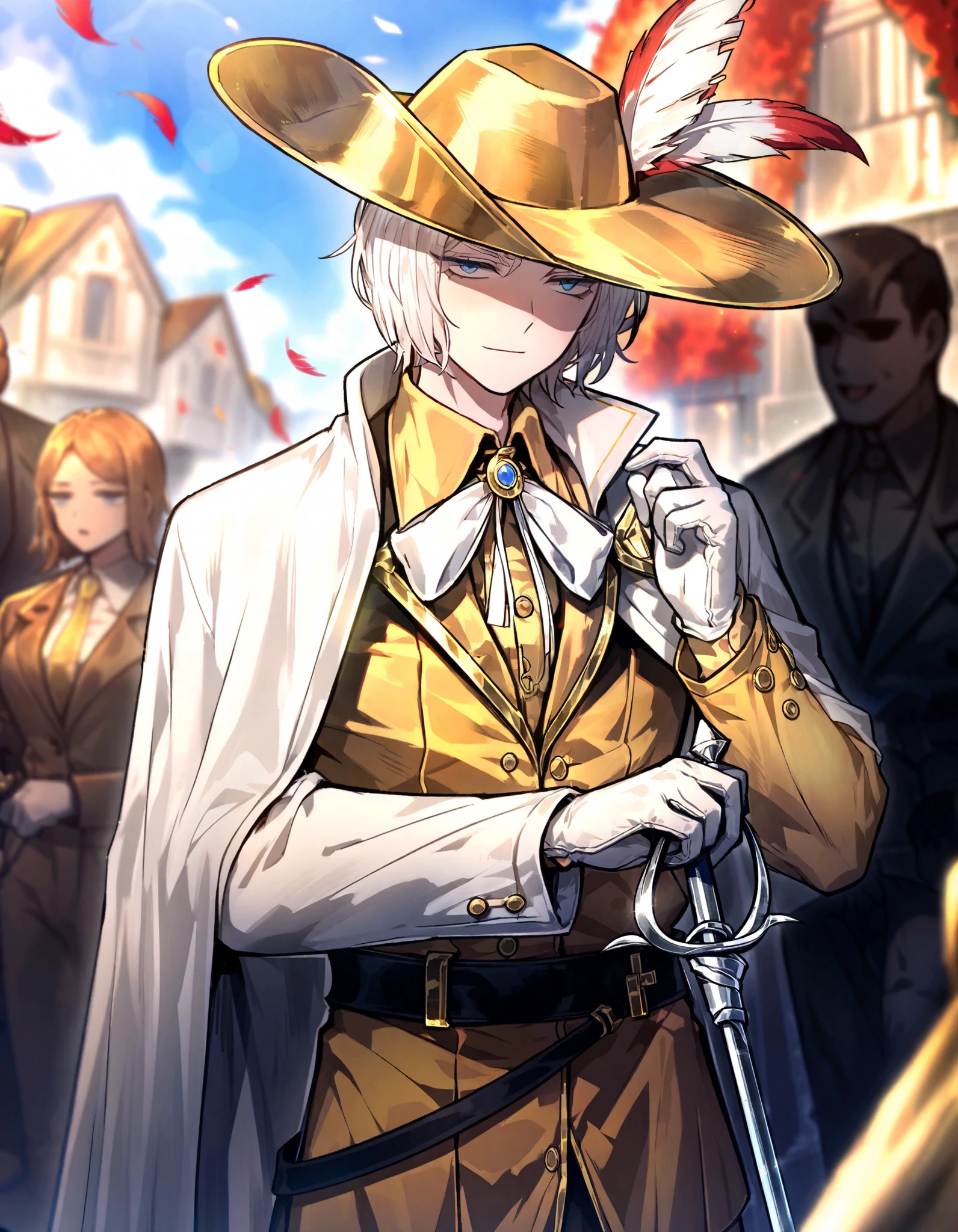 1male, white hair , gloves , (project moon\) , white and gold gloves , blue eyes , , white cape , shirt , hat , white and gold shirt , holding a rapier in one hand , plume , short hair , expressionless , collared shirt , solo focus , long sleeves , cape , outdoors , closed mouth , sky , white and gold headwear , coat , multiple others , holding weapon , open mouth , smirking, holding rapier with a helix hilt,