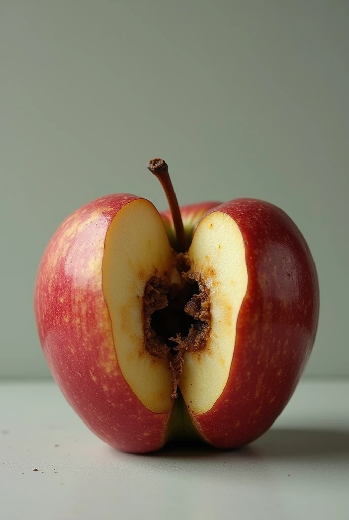 A hand holding a bright and attractive apple, but when taking a bite, the inside is blackened and rotten, symbolizing the attractive appearance of revenge and its bitter outcome.