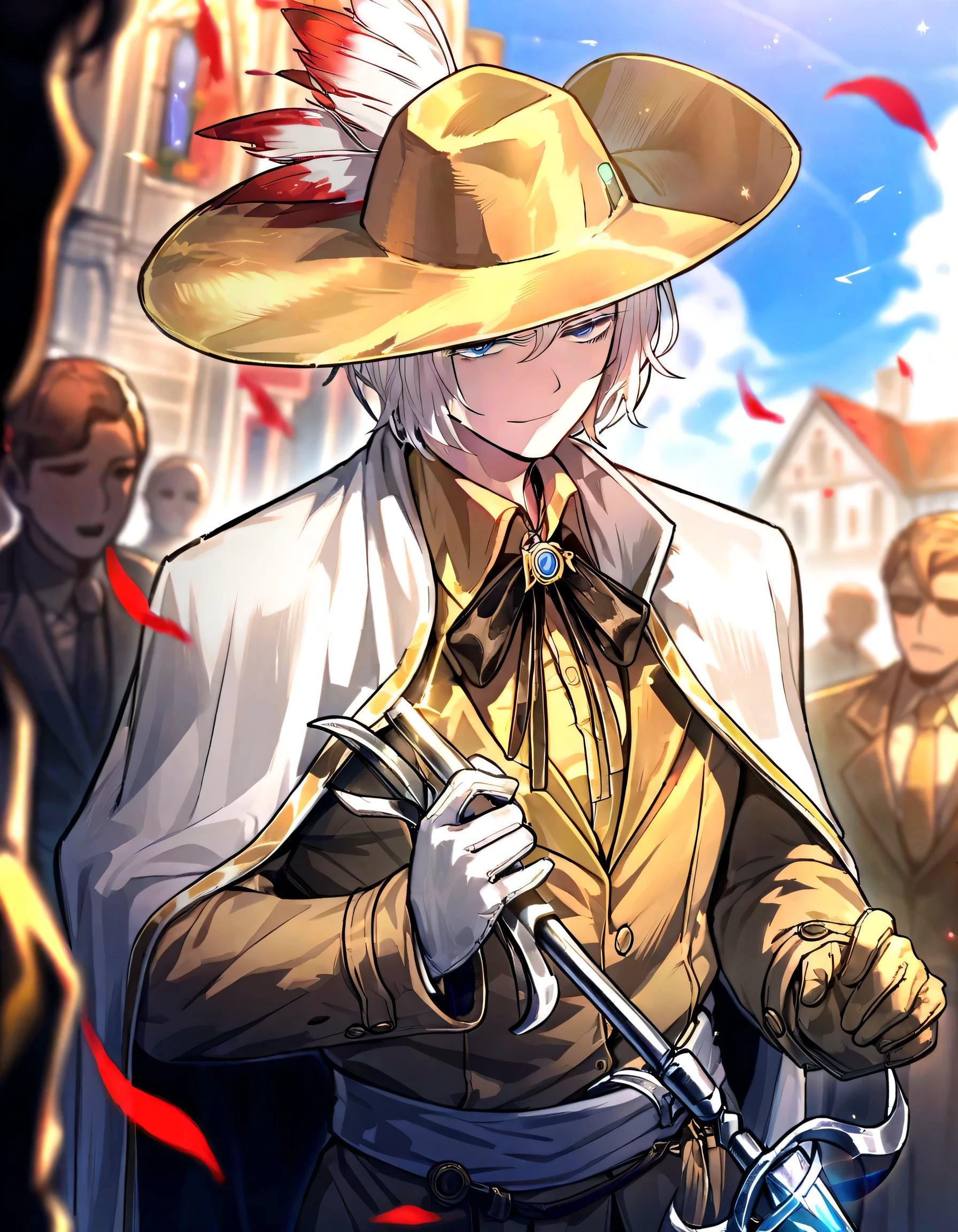 1male, white hair , gloves , (project moon\) , white and gold gloves , blue eyes , , white cape , shirt , hat , white and gold shirt , holding a rapier in one hand , plume , short hair , expressionless , collared shirt , solo focus , long sleeves , cape , outdoors , closed mouth , sky , white and gold headwear , coat , multiple others , holding weapon , open mouth , smirking, holding rapier with a helix hilt,