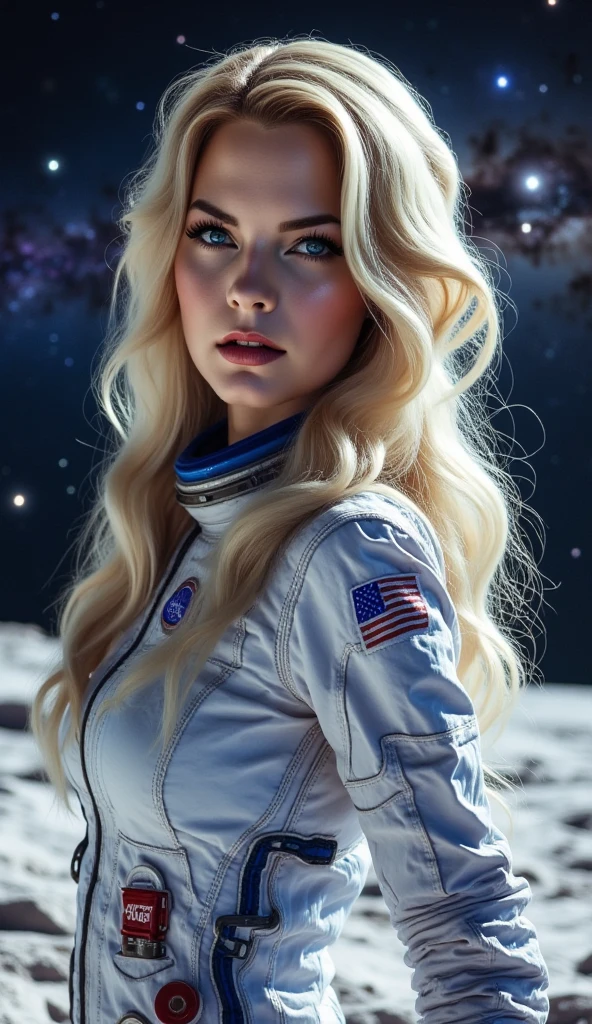 An ultra hot gorgeous European woman. Age23. Blonde straight hair. astronaut clothes white and blue provocative | floating in the space. space background. Perfect anatomy, perfect hair, perfect breast, perfect body, perfect hands, perfect face, perfect eyes, accurate, anatomically correct, perfect clear and crisp focus, UHD, masterpiece, ((blurry background))
