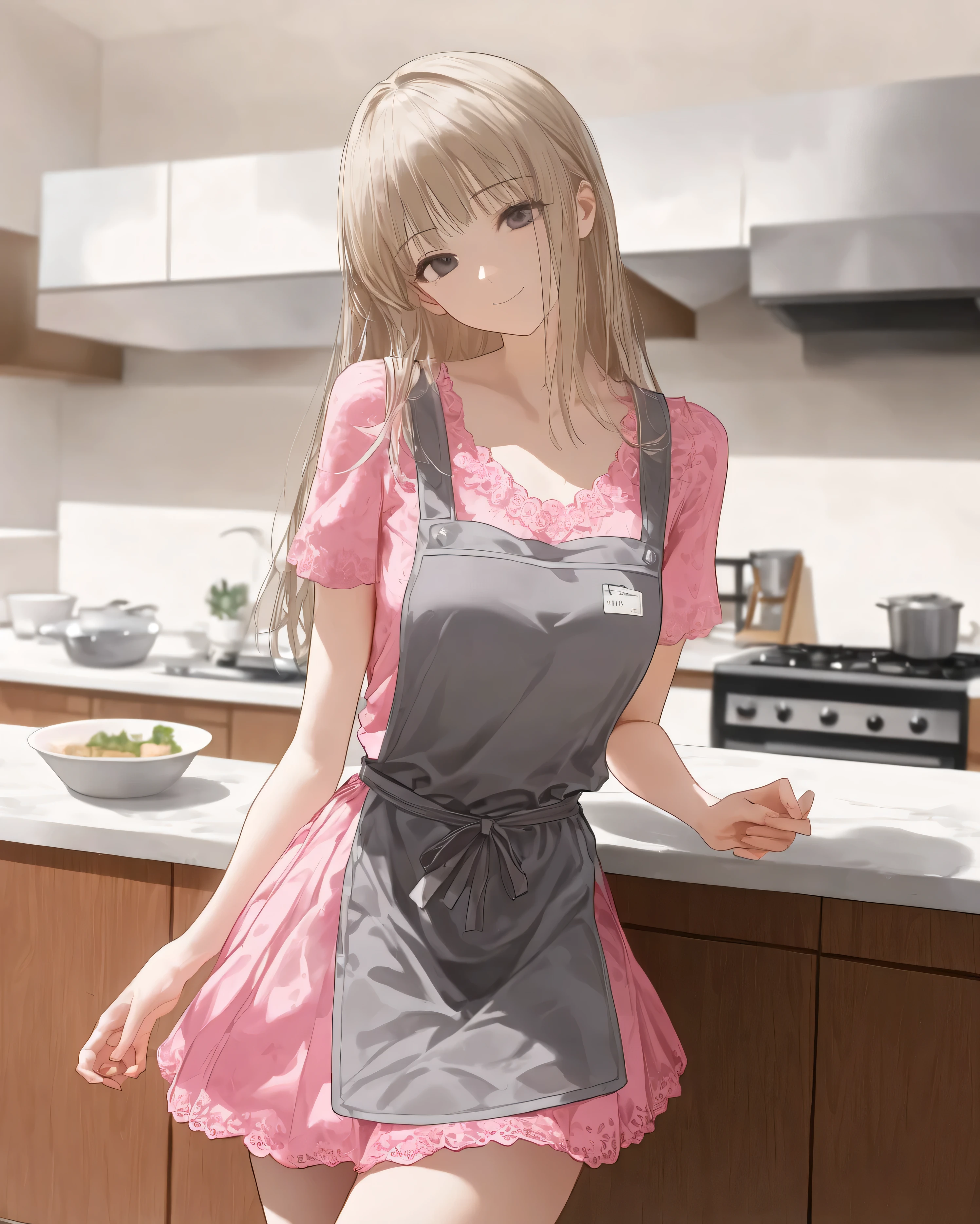 (pale tone)、Girl cooking in the kitchen、((Inside the bright dining kitchen:1.3))、masterpiece, anatomically correct, accurate, has won many awards, highest quality, Details, High details, (((pink spring dress and gray apron)))、(masterpiece, top quality, very beautiful、complicated、4K、 illustration ),(cowboy shot)、(Smile lightly),(cute)、(Attractive)、(Ethereal and beautiful),(head tilt),( slim),precise details, girl,alone,(radiant and gentle girl)、beige long hair 、high resolution, quality, very detailed, Ultra Fine, textured skin, , high image quality model,