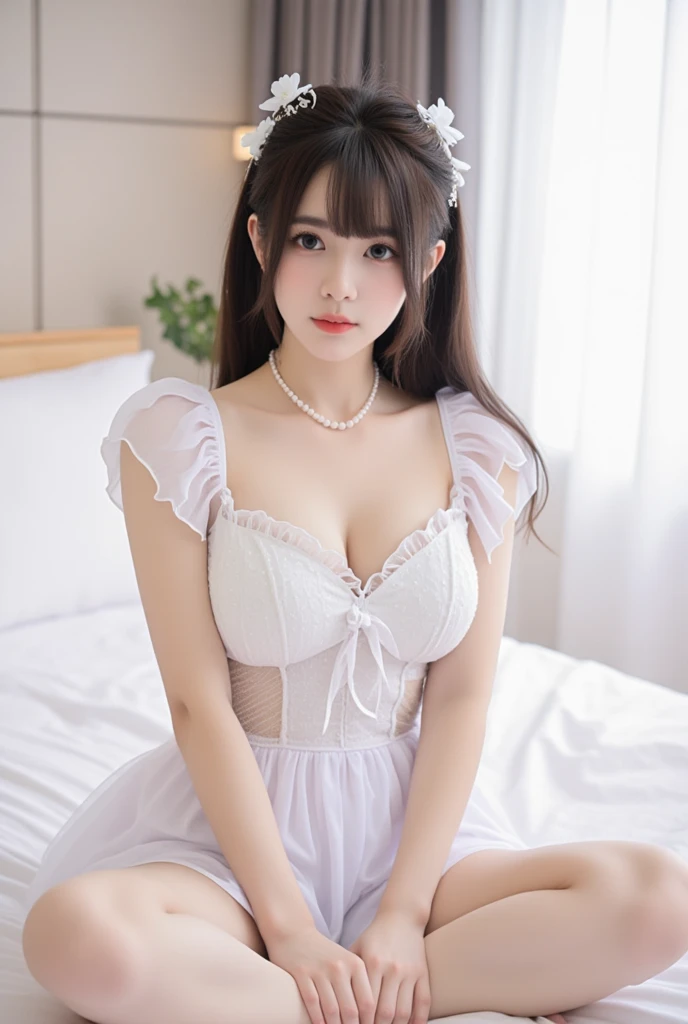 8K highest quality、(beautiful)、Brown Hair、looking at the camera、Soft 、smile、Brown mini maid outfit、frilly maid headband、Larger breasts、Lie down on the bed、Spread your legs、Knee socks