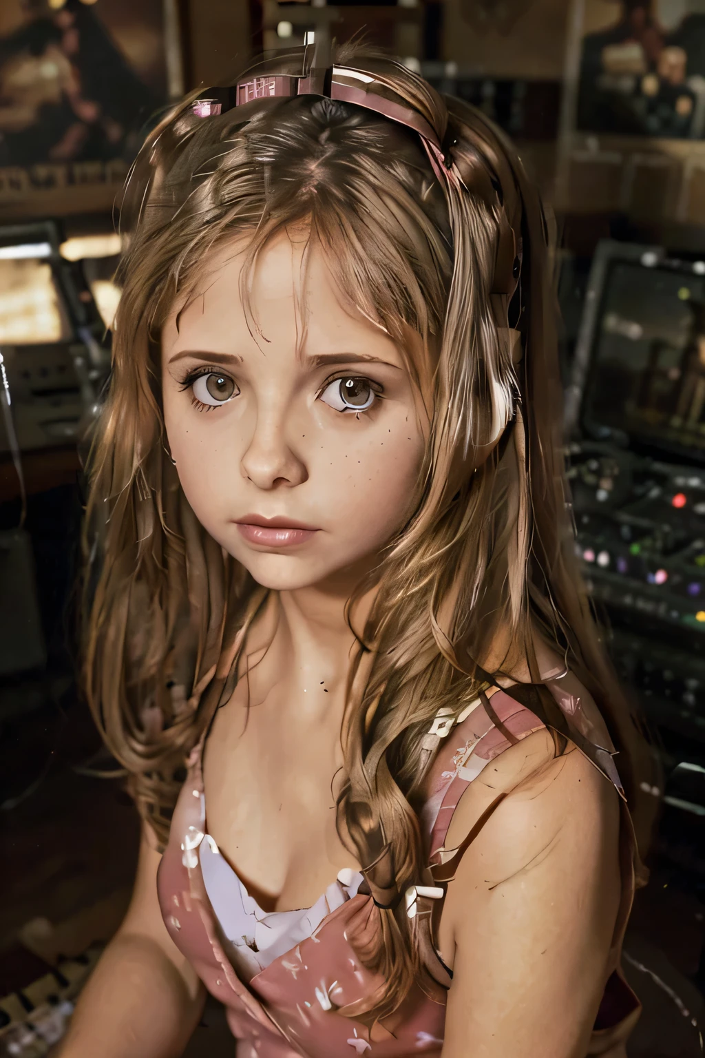 Young beauty Buffy Summers sits in a cozy home studio and composes music, creative atmosphere, joy and comfort, warmth, lots of posters with old games on the walls, lots of audio equipment and wires, perfect body, perfect figure, perfect cute young face, pigtails, beautiful short dress, realism, high quality, high detail, interesting angle,