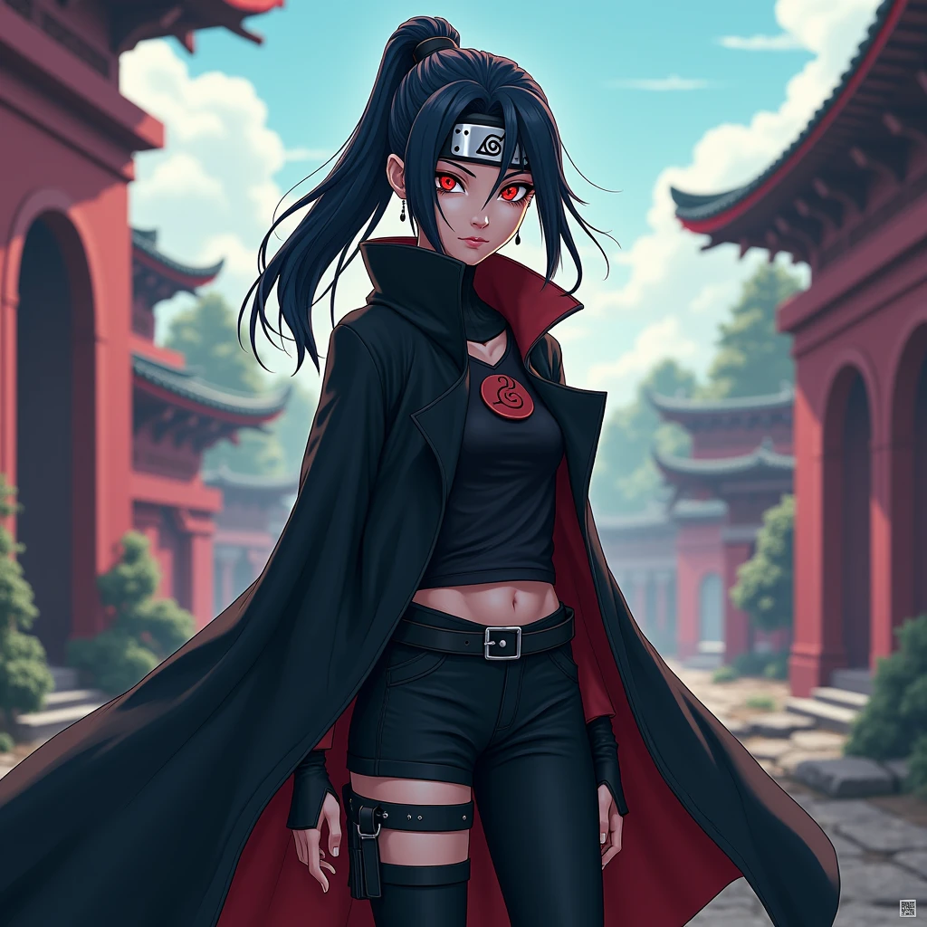 Uchiha Itachi delicate upper body Sharingan, anime girl, uchiha, high-quality, 8k, ruins background, burning ruins background, fire everywhere background, Akatsuki tight suit, Akatsuki symbol, black hair