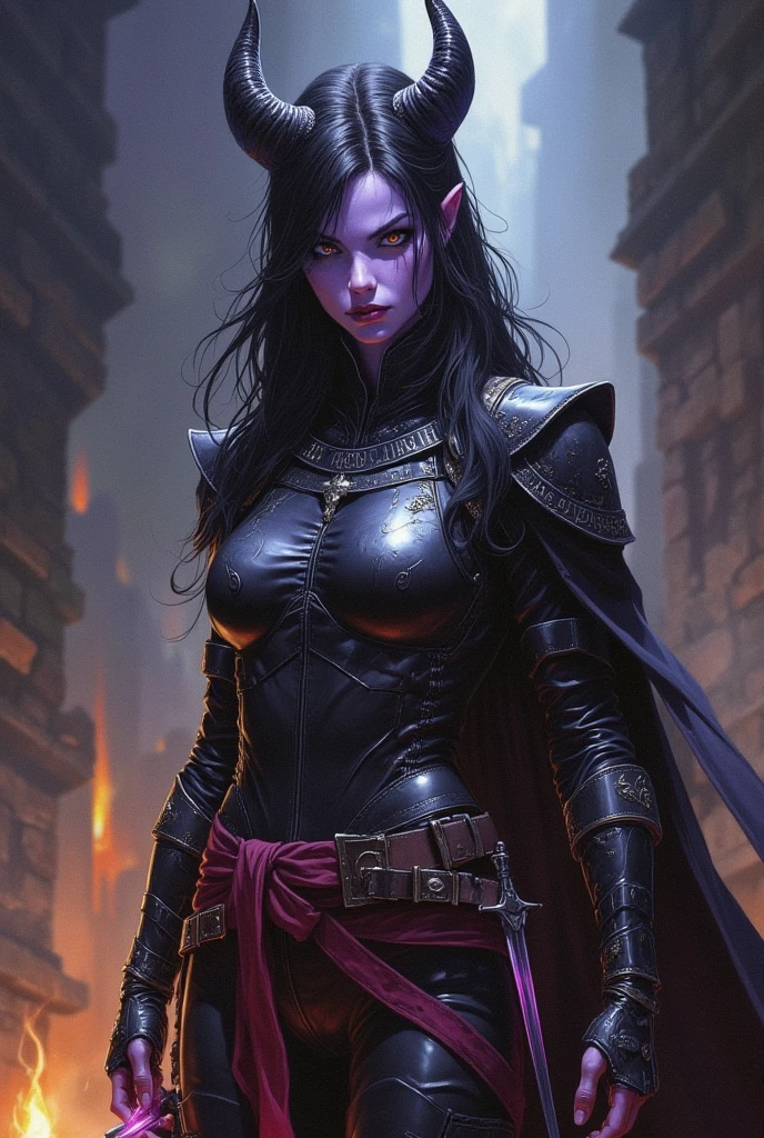 Fazer imagem de uma personagem tiefling feiticeira de d&d, purple skin, with a scar on her face, long black hair, fire colored eyes, infernal aura and super scary appearance with a single silver necklace with a very small, slightly pink pearl inside the necklace, dressed in leather as armor