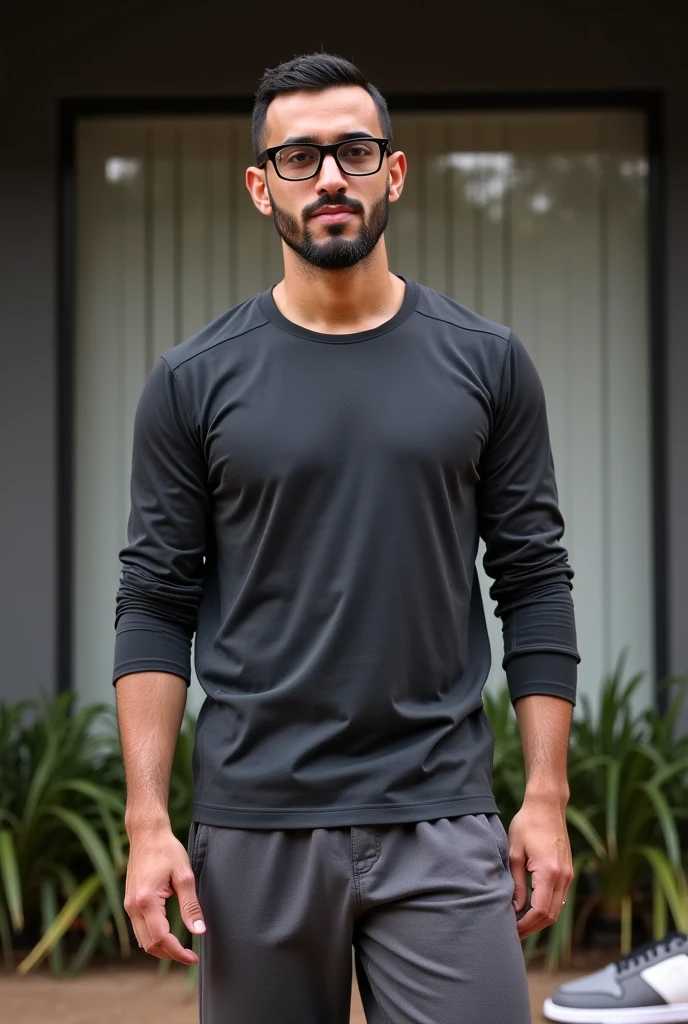 Man wearing black hoodie, black pants, black hair, looking up