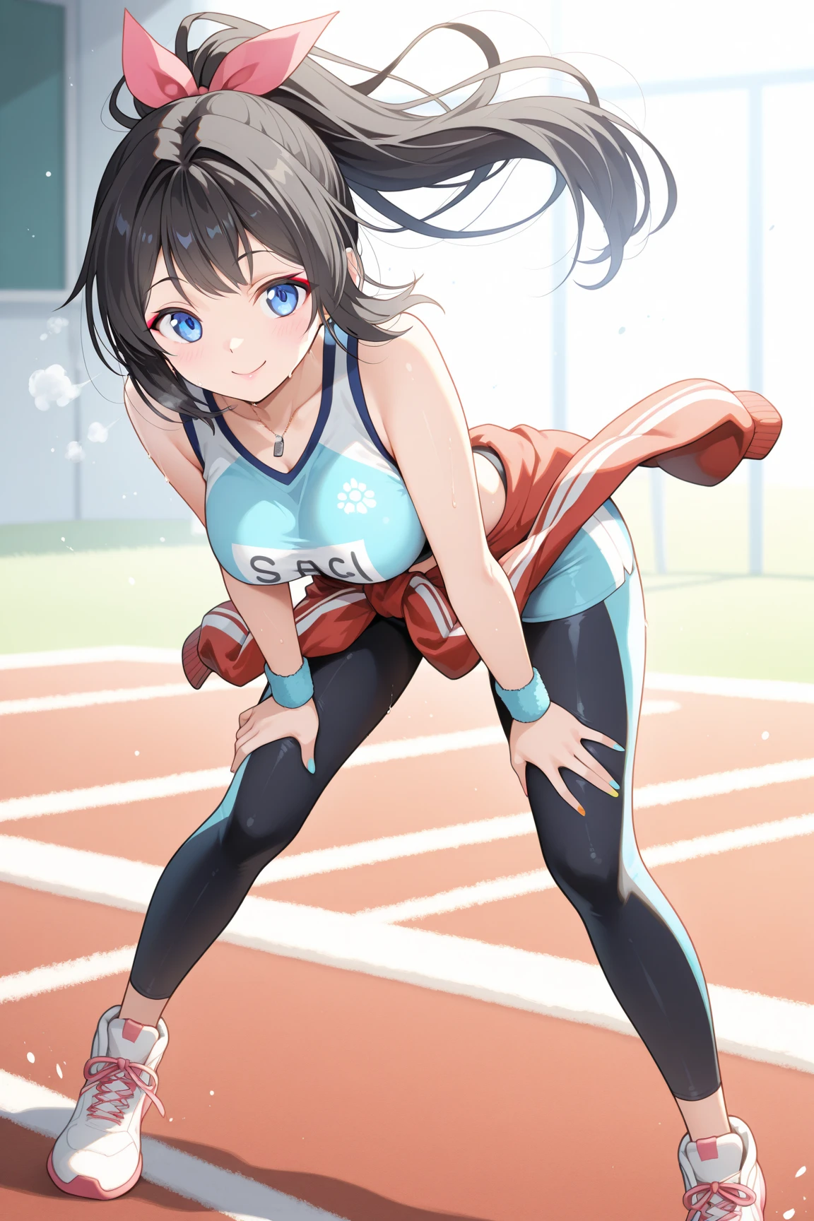 Highest quality、High resolution、Detailed Background、Beautiful face in every detail、Highly detailed face、Teenage beauty、Brown Hair、Bob、ponytail、Perfect body line、Accentuate your butt、Healthy Beauty、
Stretching with friends、After a race or practice session、He shared his joy with his teammates by high-fiving them.、Sitting with friends drinking water during break、
(Low angle close up of butt:1.4)、(Super close-up shot from directly below)、(Beautiful teenage girl looking back)、Athletics Stadium、Staring at me、
Opt for a fitted crop top or bodysuit、Mesh design on the back and sides and lace-up、
High-waisted fitted running shorts or leggings、Cut and mesh panel design accentuates body lines、Perfect fitting running shoes、Bright colors and chic design、A simple sports watch and a thin headband、Avoid excessive accessories to accentuate your sexiness.、Tight-fitting sports bras and tank tops that expose a moderate amount of skin、cute