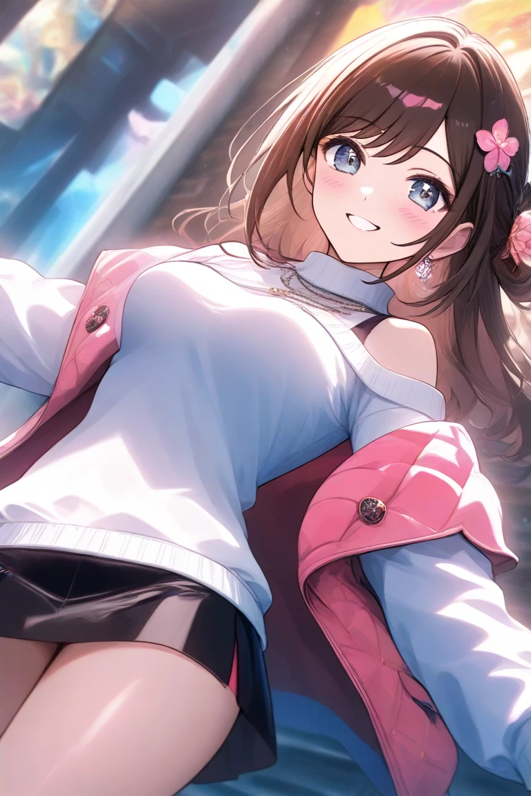 masterpiece, best quality, ultra detailed, highres, extremely detailed CG unity 8k wallpaper, perfect lighting, very detailed background, beautiful and aesthetic,sharp focus, perfect face, dynamic pose, dynamic angle,
Perfect hands、Perfect Fingers、Perfect toes、Five fingers、
1girl, upper body, (portrait:1.1), looking at viewer, full-face blush, from side, from below, smile,Open your mouth、Pink Lips、
night、Megacity、building、
Yellow Dress、
(Shoulder Bare:1.5)、(Off the shoulder:1.4)、(flat chest:1.5)、Nipples、open clothes、(cleavage cutout:1.5)、
light brown hair、(Green Eyes:1.4)、
Cardcaptor_Sakura、