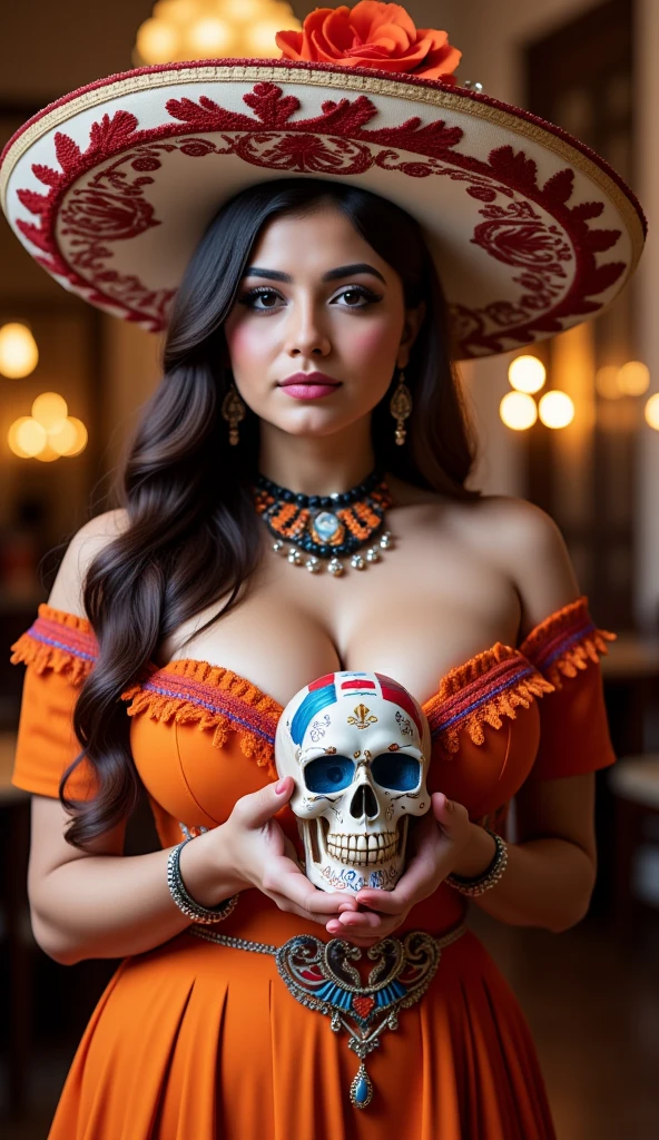 1woman, beautiful Mexican woman, light brown hair, topless, hard erect nipples, kneeling on cobble stones in front of castle, female in ktrmkp face paint, ktrmkp makeup, ktrmkp