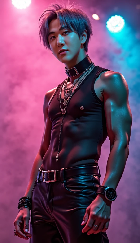 A shirtless skinny young man in wet leather pants screams while chained to a metal frame in dungeon