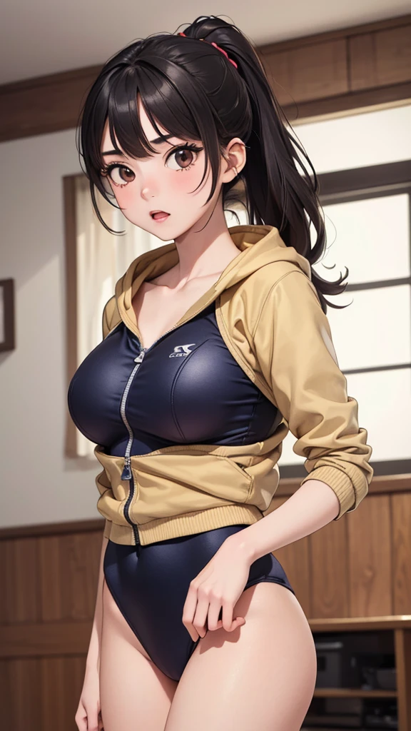 Girl, brown hair, yellow eyes, cool features, blue hoodie, blue hoodie, short pants, big breasts