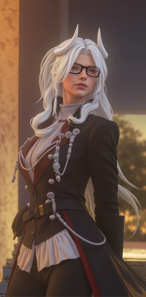 mature woman, glasses, warrior outfit, long hair