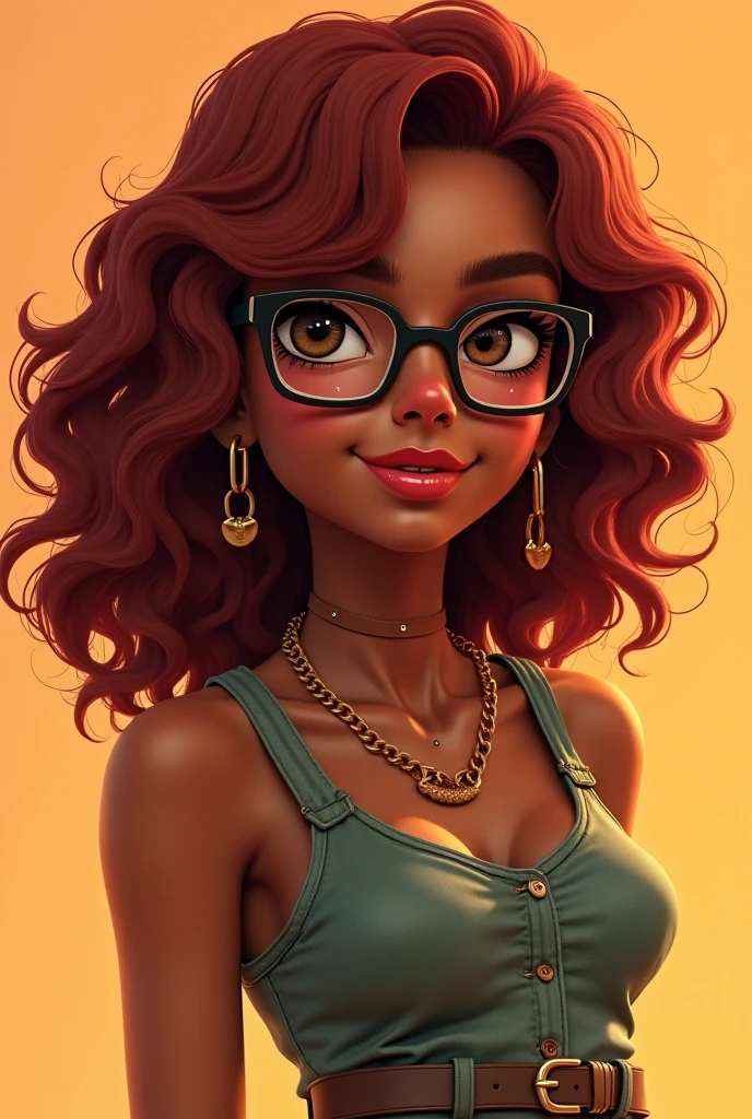 Dark skinned woman with reddish curly hair wearing glasses animated