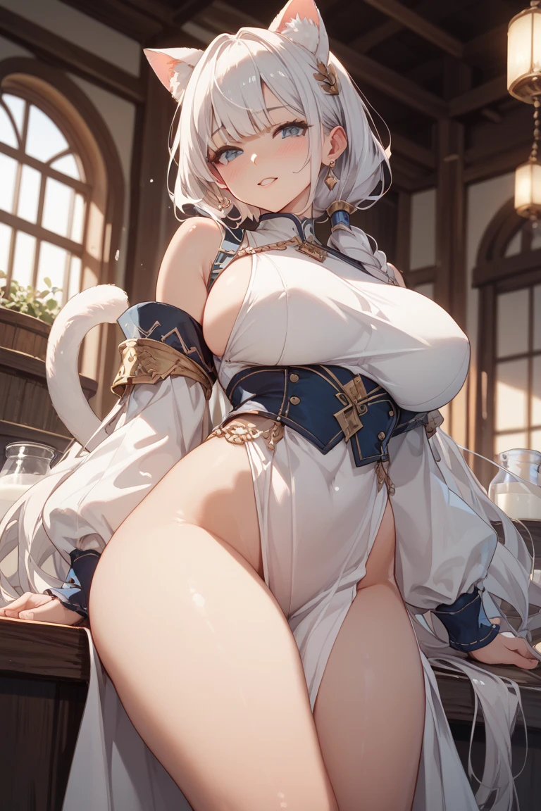 遊戯王!,4K, in 8K,(masterpiece)), (Top image quality),1girl in、labrynth、labrynth、silber hair、grey eyes、large full breasts、banya、cleavage of the breast、robe blanche、silver castle、borgar、tusk、Exquisite、chandeliers、Unique、 White interior、doyagao