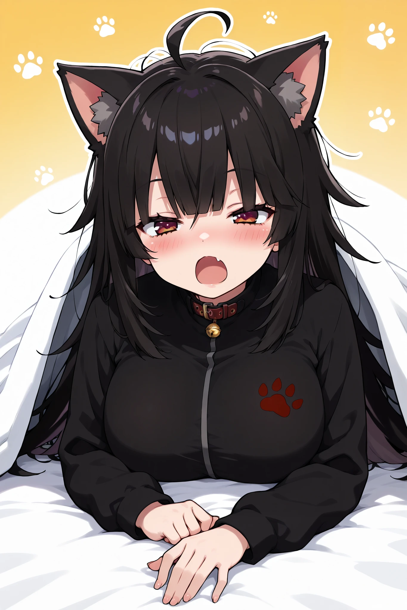  High resolution,  tiles, (( five fingers)) NSFW thick colorful outline, Big Socière, Nijisanji, long hair, hair between the eyes, ((cat girl, cat black ears)), (red eyes), (long hair), (( black hair, (Ahoge), straight bangs,)),, with a collar, Luz outfit, bed sheet, bed, under covers, Bare sheet, cover, blush, Mouth Open, yawn, fang, Adult woman, curvilinear, tired, messy hair,  