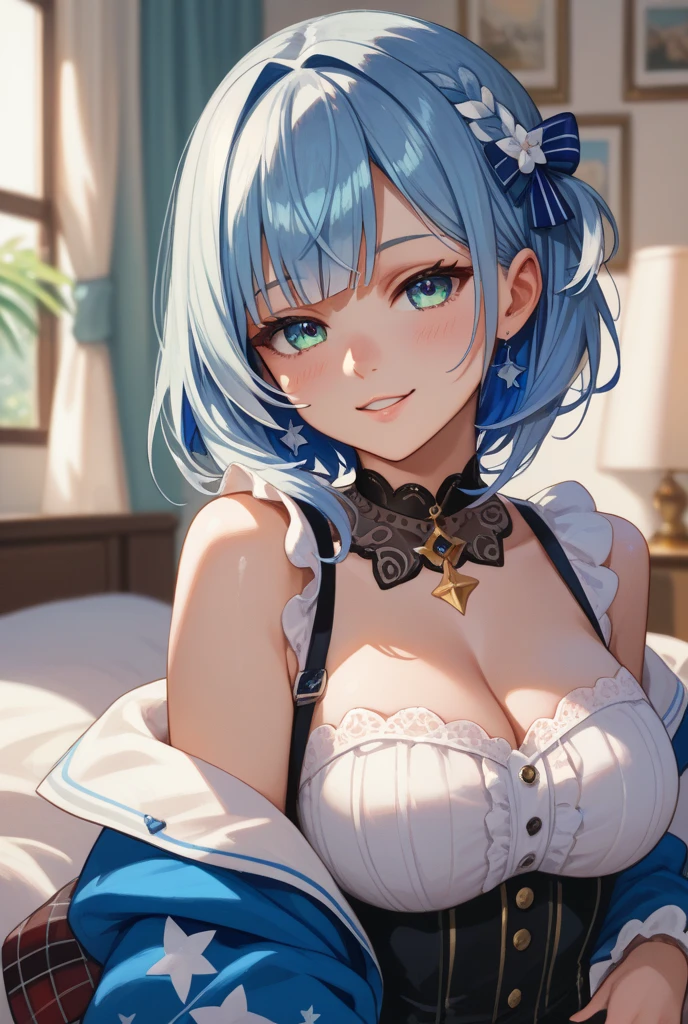 (masterpiece:1.3), (best quality:1.3), high resolution, 


dutch angle, overlook view, couboy shot, 
breast squeeze, body facing forward, standing, 

(one cute girl:1.3), solo, 
white skin, small Breast, eight-headed person, 
light blue hair, (bobbed hair:1.2), (short hair:1.2), (blunt bangs:1.2), beautiful hair, blue eyes, beautiful detailed eyes, 

heart, cheerful smile, 

underwear, earrings, 

indoors, bath, 

shadowlighting,
