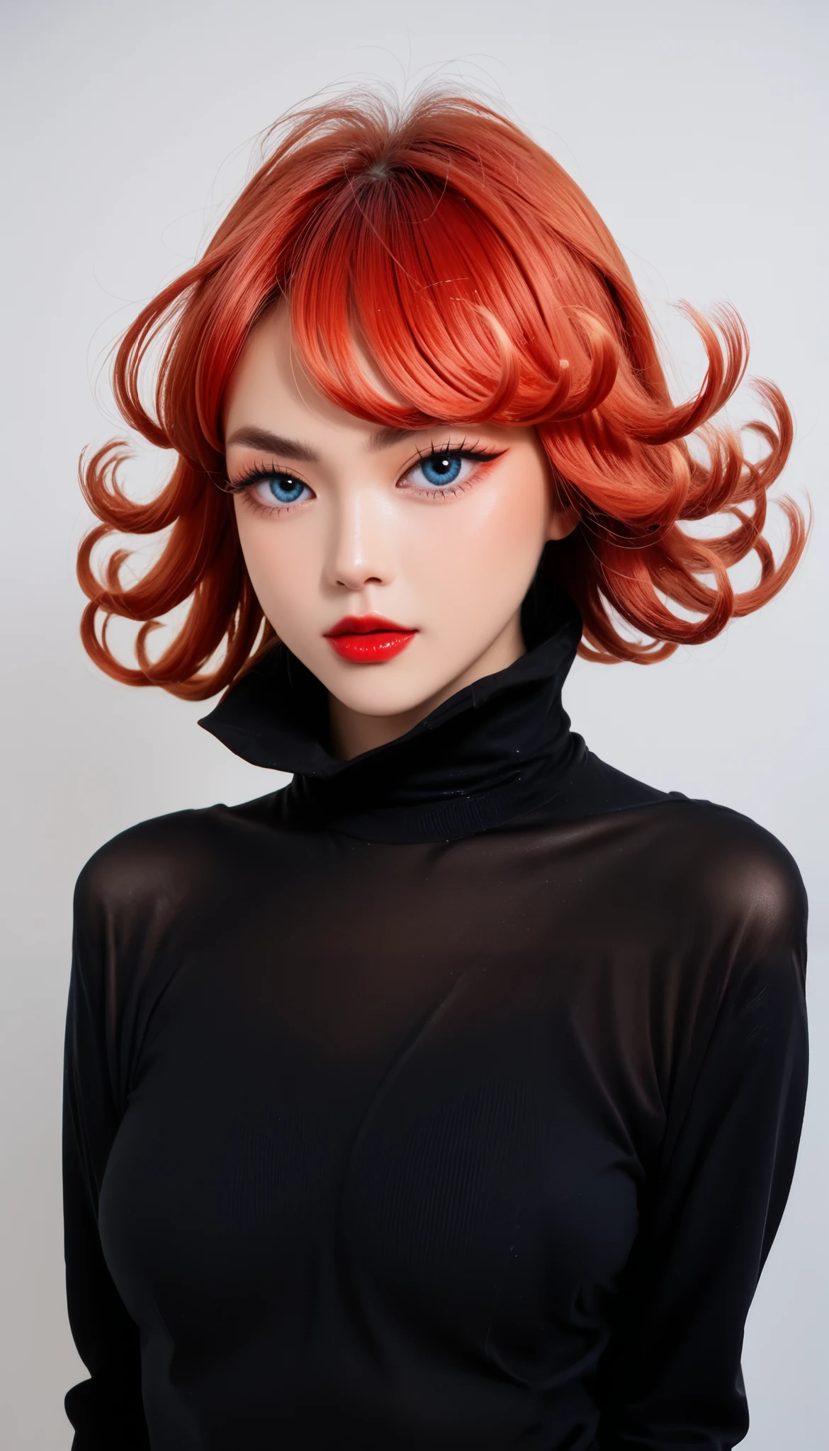 score_9, score_8_up, score_7_up, (photography), Photo RAW, best quality, hires, absurdres, ulzzang, ulzkawai, (((korean aesthetics))), k-pop, glamorous, shine, solo, (thin face), big eyes, ((Xia Yan)), blue eyes, eyelashes, lips, (tatsumaki), short hair, curly hair, red hair, makeup, lipstick, big breasts, looks streetwear, black sweater, high collar,, realistic, looking at viewer, simple background, cowboy shot, sharp focus,
