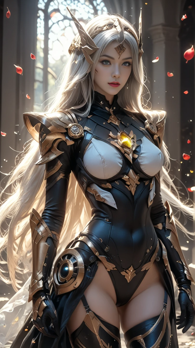 photorealistic, high resolution, 1women, mature female, solo, hips up, robot, mecha musume,mechanical parts, robot joints,single mechanical arm, headgear, mecha corset, full armor, white hair
