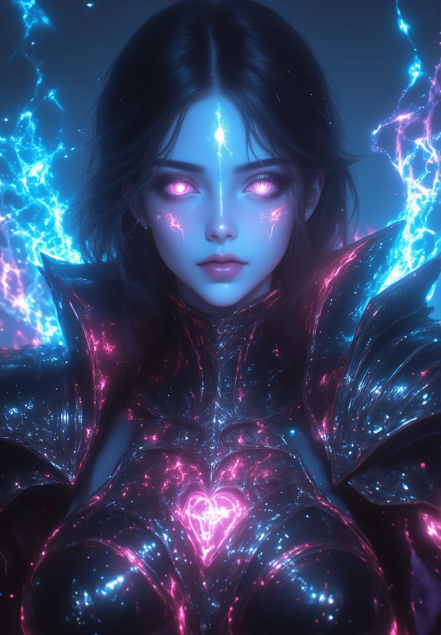 beautiful digital artwork, beautiful digital art, detailed beautiful face, 8k high quality oled detailed art, very beautiful digital art, digital art. highly detailed, beautiful detailed body, Stunningly perfect gorgeous feminine face, bold, dramatic eyes, bold Eye Makeup, dramatic eyes, smudging layering and blending to dramatic, detailed vibrant neon glowing eyes,Focus on Skin A smooth even base is essential Makeup primers foundations and concealers Highlighting and Contouring to achieve a flawless canvas natural-looking, radiant glow, Gentle facial curves, Fuller cheek bones, Smaller and wider-set eyes, Less pronounced jawline, Symmetry perfection Proportion facial features, sexual curved heart shaped mouth, perfect feminine curved body figure, detailed silky smooth skin, gigantic huge breasts, perfect heart shaped ass, fullbody view, showing complete body, (((best quality))),(((masterpiece))),(((detailed))),(((high resolution))),(((Beautiful and beautiful work: 1.5))),(超high resolution),(((detailed background)))8k, RAW photos, best quality,32K,masterpiece,Ultra HD,Fine and beautiful hair, extremely beautiful Face,Ultra Detailed, blush, sweat, Black short hair, red eyes, brown skin, tan skin, hourglass figure, 20+ yrs age, dark lether armor
