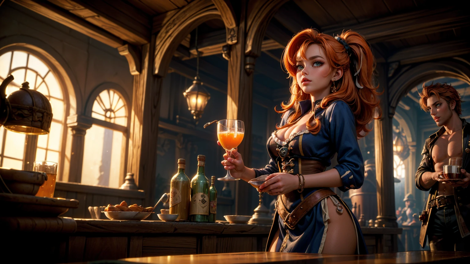 Hunter girl in fantasy tavern, work of art, Ultra-high contrast, details Intricate, insane details, 8k