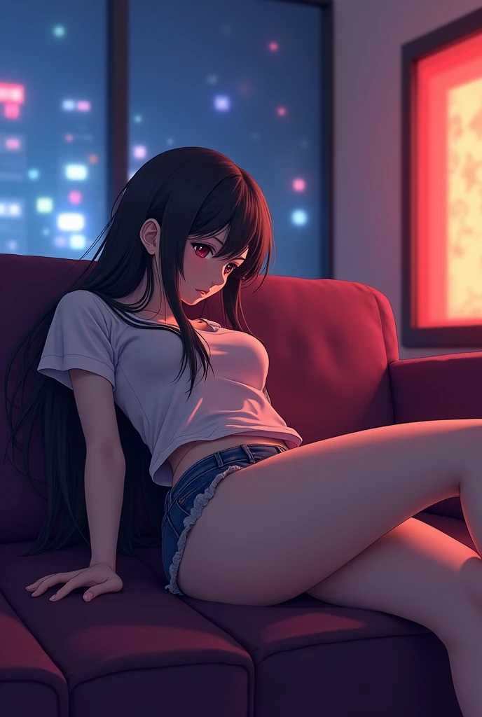 Anime girl with thong panty with skirt,
Gaming room, relaxed, uwu, sexy
